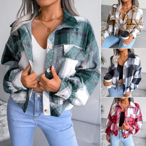 Aluxora Cropped Flannel Jacket,Aluxora Cropped Plaid Flannel Jacket,Long Sleeve Button Down Coat Tops for Woman2