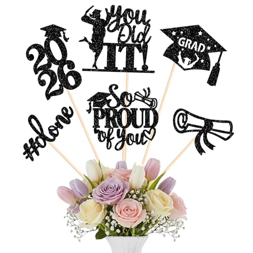 Centros de mesa de graduación 2024 con purpurina para decoración de tartas y flores