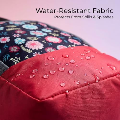 Image of ORBY Lunch Bag Flower Leaf Pink| Water-Repellent Durable Fabric | Tiffin Bag with Bottle Holder & Front Pocket | Strong Zipper & Spacious Meal Storage (Floral Leaf Pattern, Pink)