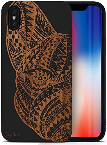 CaseYard Wood Phone case for iPhone Xs Max Laser Engraved Pug Face Design Black Wood Compatible iPhone case Protective Shockproof Slim fit Cell Phone Cover for Men & Women