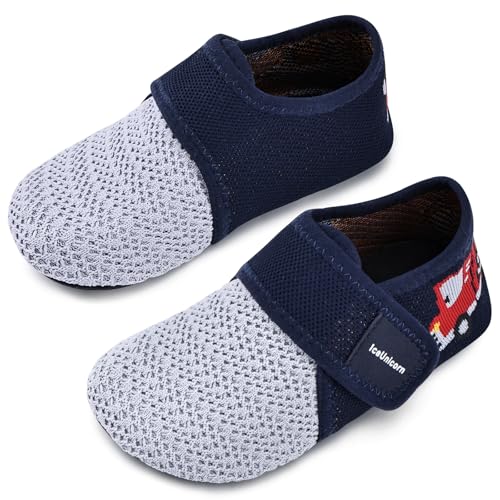 IceUnicorn Hausschuhe Kinder Atmungsaktive Pantoffeln Leicht Rutschfest Turnschläppchen Hüttenschuhe Jungen Mädchen Slippers für Kindergarten(Blau Feuerwehrauto,28/29EU)