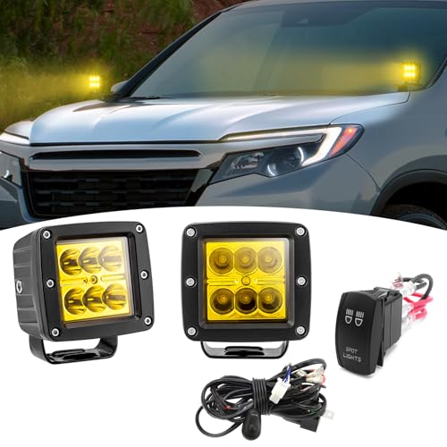Wsays 2PCS LED Amber Work Light Pods with Wiring Harness Kit and Spot Lights Rocker Switch Fit Pickups, Trucks, SUVs, UTVs, ATV