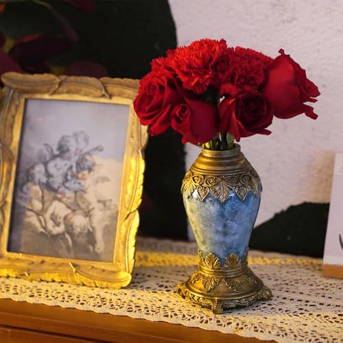 Meyas Vase à fleurs vintage en résine - Élégant - Rétro - Bleu - Vintage - Bohème - Décoration esthétique - Cadeau d'anniversaire - Ferme classique -...