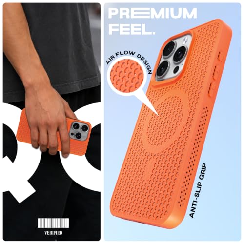Image of Outlouders Back Cover for iPhone 16 Pro Max | Honeycomb Cooling Design | Silicone Heat Dissipation | Mag-Safe Compatible | Shockproof Camera Protection Bumper Case (Orange Mag-Safe)