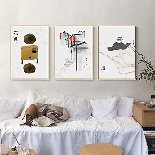 Peinture à l'encre paysage zen noir et blanc triptyque 50x70cm
