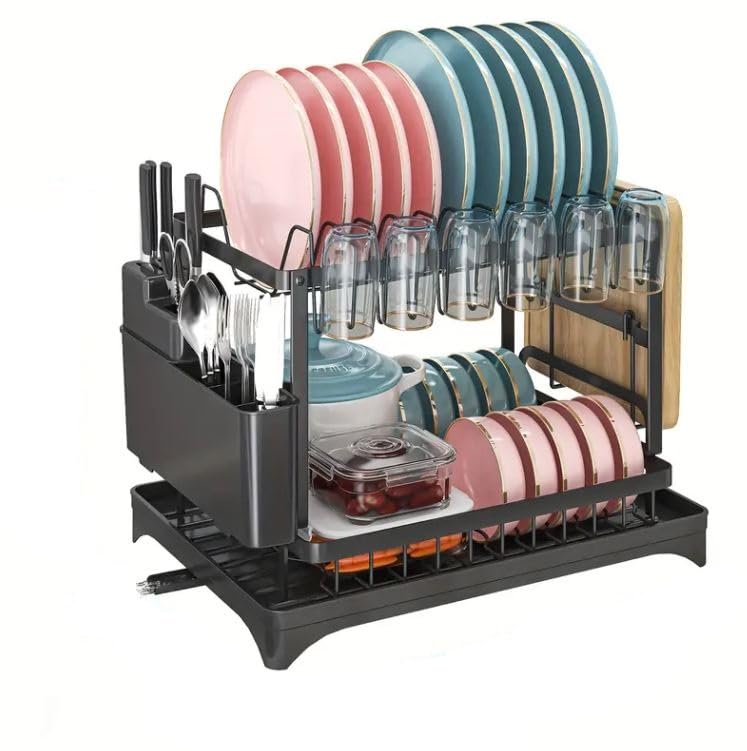 Sisliya Metal Dish Drying Rack Dish Drainer Double-Layer Kitchen Dish Bowl Draining Storage Rack with Chopstick Cage Household Organizer Kitchen Drainer Rack (Black), 32 x 8 x 8 Cm