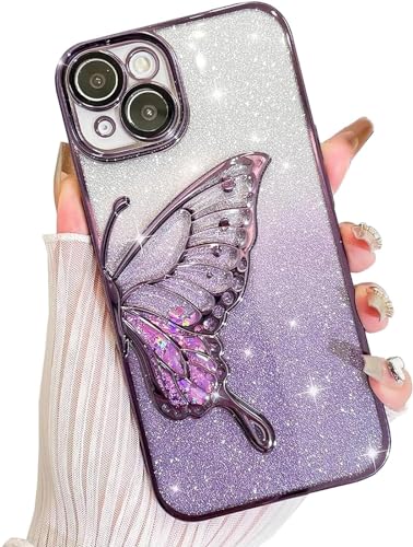 Image of SHINESTAR 3D Butterfly Case for iPhone 13 Cover, Cute Girly Glitter Bling Luxury Back Cover for Women Girls Protective Shockproof Slim Camera Protection for iPhone 13 - Purple