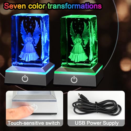 Image of 3D Guardian Angel Crystal Night Light with Multicolor LED Base Glass Laser Engraved Guardian Angel Figurines Statue Lamp Gifts for Women Friends Birthday Christmas Room Decor