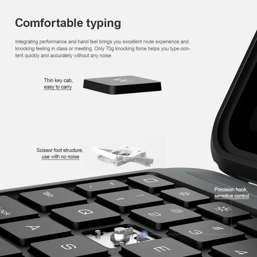 Close-up of the keyboard keys, showing the thin keycaps and scissor foot structure for comfortable and silent typing.