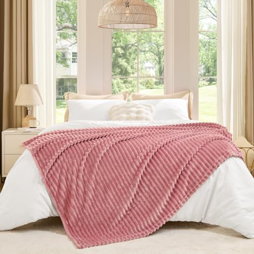 Image of BEDELITE Fleece Throw Blanket for Couch - 3D Ribbed Jacquard Soft and Warm Decorative Fuzzy Blanket - Cozy, Fluffy, Plush Lightweight Pink Throw Blankets for Bed, Sofa, 50x60 inches