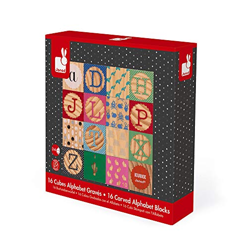 Image of Janod Kubix 16 Wooden Alphabet and Numbers Blocks - Ages 2+ - J08078