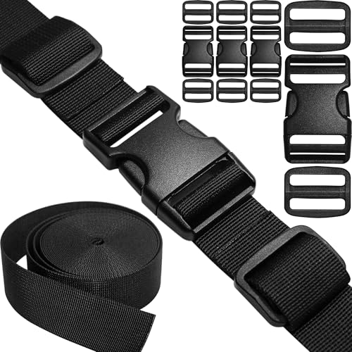 Image of Nylon Straps 1-1/4 inch Wide with Buckles and Slides: 6 Yard of 1.25" Webbing, 4 Pack Side Release Buckle, 8 pcs Tri-Glide Slider, Heavy Duty Plastic Clip Quick Fastener Replacement Dual Adjustable