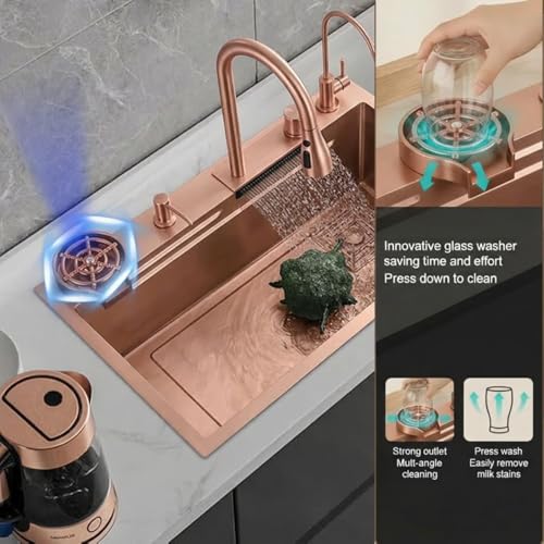 Image of Wallace 304 Grade Rose Gold Single Bowl Multifunction Kitchen Sink 30 x 18 x 10 Inch | Stainless Steel Workstation Sink with Integrated Waterfall Cup Washer Drain Basket RO Tap & Pull Down Faucet