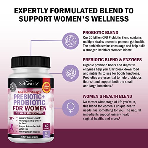 Prebiotics And Probiotics For Women - With Black Cohosh And Red Clover For Gut, Vaginal And Immune Health Support, Whole Food Digestive Enzymes Capsules, Lactobacillus Probiotic Supplement, 60 Count #TOP3