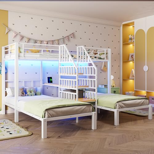 Litera de 90 x 200 cm, cama de metal, 3 camas, con barra de luz LED, escalera integrada con espacio de almacenamiento, con 2 puertos USB + 1 enchufe, con escritorio, estantería, sin colchón (blanco