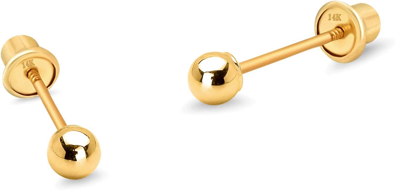 14k Yellow Gold 2,3,4,5,6mm Plain Hollow Gold Ball Children Screw back Baby Girls Stud Earrings