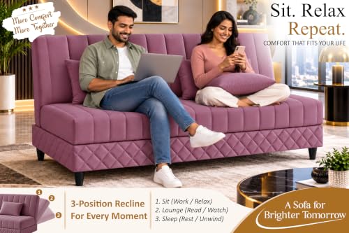 Image of Modern 3 Seater Sofa Cum Bed with Cushions, Foldable Convertible Couch, Velvet Fabric Sleeper Sofa for Living Room, Guest Room, Rose Pink