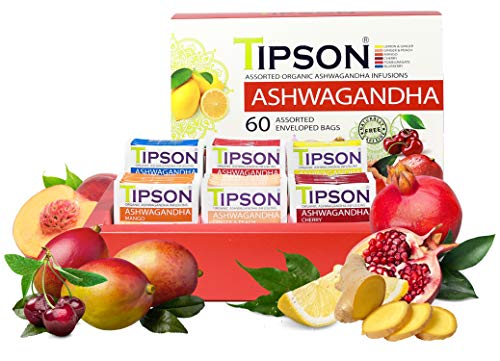 Tipson Organic Ashwagandha Variety Sampler - 6 Flavors (60 Tea Bags), Herbal Tea Infusions - USDA Organic, Non GMO, and Gluten Free