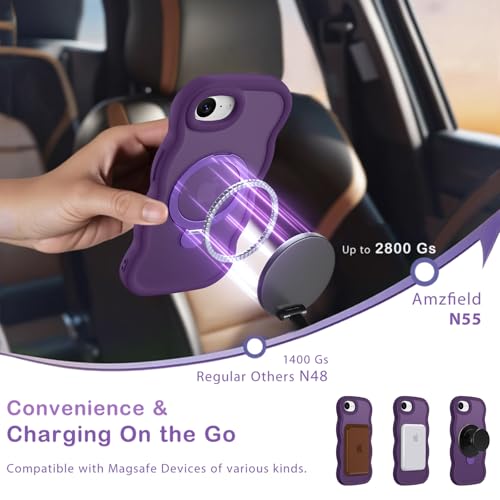 Amzfield for iPhone 16e for iPhone 17e Case with 360° Spin Magnetic Stand [Compatible with MagSafe] Cute Wavy Frame Translucent Matte Hard Back Silicone Bumper Phone Case with Ring Stand, Dark Purple by Amzfield - Used condition - Image 4