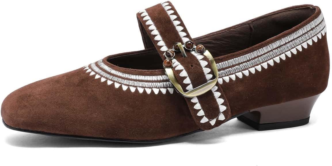 TinaCus Women's Mary Jane Handmade Suede Leather Square Toe Strap Buckle Embroidery Flats Shoes