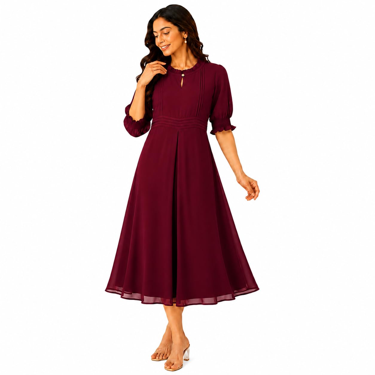 Women’s Premium Solid Georgette A-Line Midi Dress with Gathered High Neck, Pintuck Yoke and Elasticated Sleeve Hems-picture-52