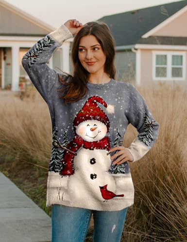Image of YESNO Women Christmas Sweater Graphic Printed Oversized Pullover Sweaters Casual Loose Knit Tops S01