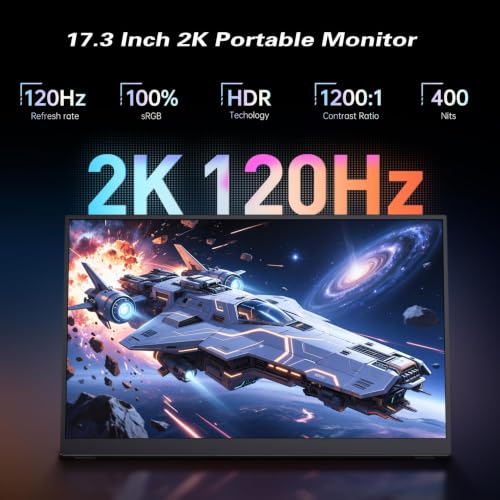 Image of Portable Monitor 2K 17.3 Inch 120Hz-144Hz, QHD Gaming Monitor with Kickstand, 2560x1440P 100% DCI-P3, Ultra Slim Travel, USB-C HDMI HDR External Screen for Laptop PC Mac Xbox Switch PS5 /4