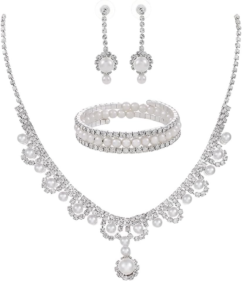Urieo 3 PCS Pearl Bridal Jewelry Set Silver Rhinestone Necklace Drop Earrings Bangle Bracelet Elegant Costume Wedding Jewelry Accessories Prom Party for Women Bridal