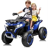 JORFLY 24V Ride on Car, Kids ATV XL Four Wheeler w/EVA Tires, 19-Inch Leather 2 Seater, 800W Motors, Remote Control, Knee Pads, Flower, 24 Volt Ride on Toys Quad for Big Kids, Blue