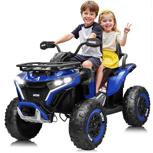 ANRLI 24V Ride on Car, Kids ATV XL Four Wheeler w/EVA Tire, 19-Inch Leather 2 Seater, 4X200W Motor, Remote Control, Knee Pad&Flower, 24 Volt Ride on Toys Electric Quad for Big Kids, Blue