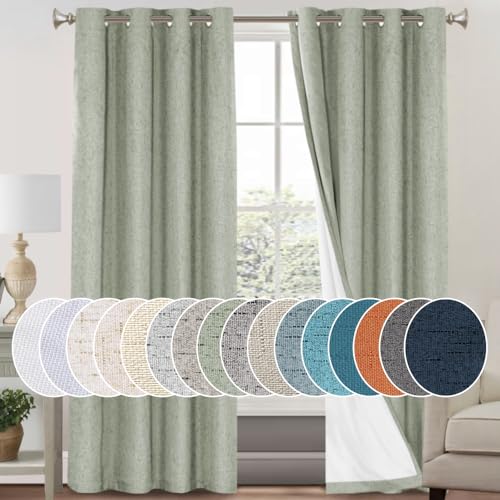 Image of PrinceDeco 100% Blackout Curtains for Bedroom Linen Black Out Curtains for Living Room 96 Inch Long Faux Linen Fabric Grommet Thermal Curtains for Summer Heat with White Liner,52X96 Inch,Sage