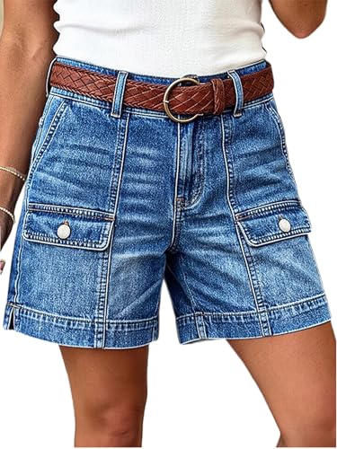 Flamingals Mid Rise Denim Shorts for Women Mid Thigh Length Split Hem Wash Decor Front Jean Shorts Without Belt Mid Blue M