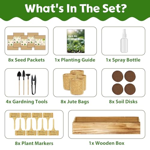 LUOJIBIE 8 Herb Indoor Garden Kit for Beginners - Complete Windowsill Growing Gifts Set with Tools, Unique Christmas Birthday Gardening Gifts for Women, Mom, Men, Teenage Girls,Kitchen, Housewarming