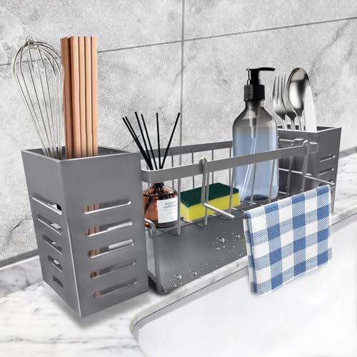 Auktransceler Organizador de Fregadero con Drenaje Automático, Organizador Cocina con Soporte para Esponjas Desmontable y 2 Cestas, para Fregadero de Cocina y Lavabo del Baño, Gris