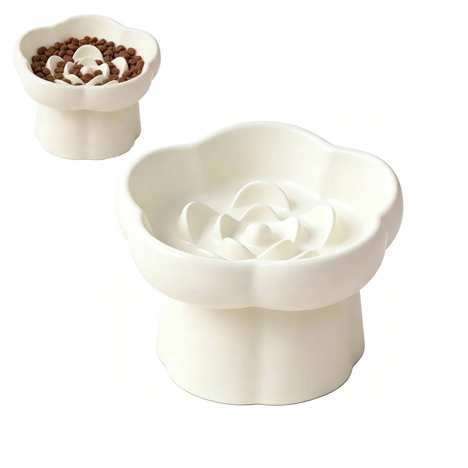 Ceramic Raised Slow Feeder Cat Bowl – Elevated Anti-Gulping & Vomiting Dish with Anti-Skid Mat, for Dry & Wet Food (White)
