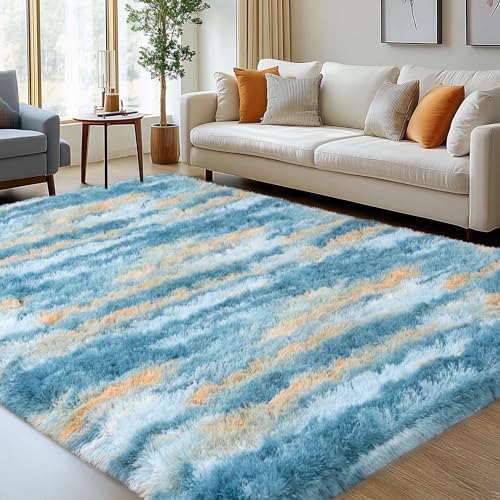 Fluffy Rugs for Living Room, 6x9 Feet Abstract Blue Large Shag Area Rugs for Bedroom, Non-Slip Indoor Modern Fuzzy Plush Floor Carpet for Dorm Nursery Kids Room Decor, Soft Shaggy Throw Rug