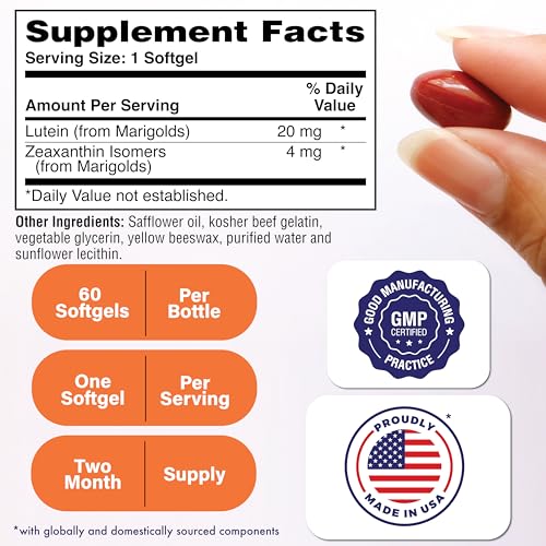 Image of Lutein 20mg with Zeaxanthin 4mg 60 Softgels | Trans-Isomer Marigold Extract in Nature Identical 5:1 Ratio | Supports Healthy Eye, Skin and Brain | Non-GMO Soy & Gluten Free | by Health Thru Nutrition