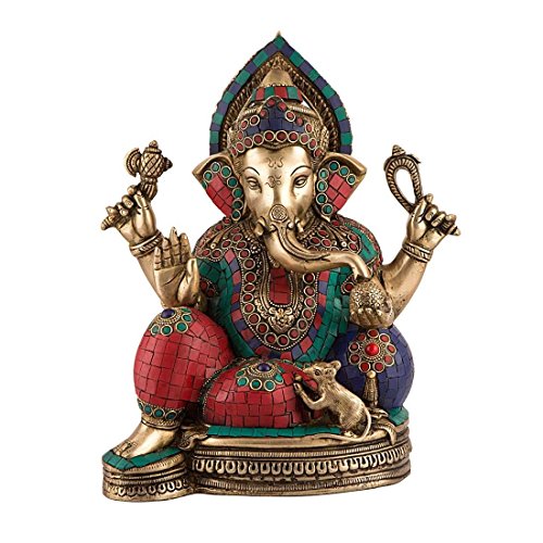 CraftVatika 1.1 FT Tall Big Ganesha Idol Brass Statue with Colorful Turquoise Coral Gemstone (Ganesh, Vinayak, Lambodar, Ganpati), Hindu Elephant Headed God Ganesha, Vintage Handicraft Religious Gift