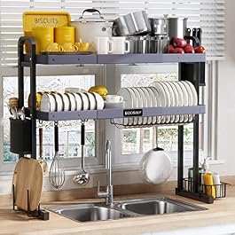 BOOSINY Over The Sink Dish Drying Rack, 2 Tier Stainless Steel Large Adjustable Kitchen Dish Drainer, Home Storage Organizer Shelf Above Counter with 6 Hooks