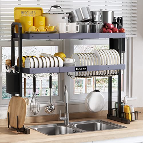 BOOSINY Over The Sink Dish Drying Rack, 3 Tier Stainless Steel Large Adjustable Kitchen Dish Drainer, Home Storage Organizer Shelf Above Counter with 6 Hooks