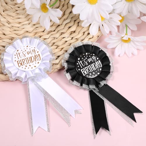 2 Pcs Birthday Pins for Women It's My Birthday Brooch Satin Fabric Happy Birthdays Pin for Award Badge Prize Party Decoration Jewelry Gift Women Men Black White4