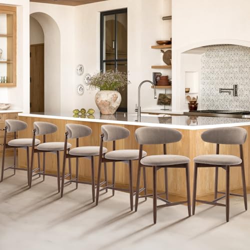 Image of Upholstered Counter Height Bar Stools Set of 6, Kitchen Island Stools with Back, Modern Counter Stools Island Bar Chairs with Wood Legs for Kitchen Island Dining Room Bar, Camel