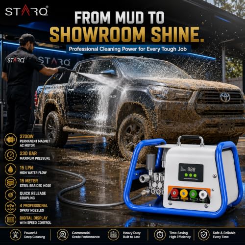 Image of STARQ STPMDC 3.6 Commercial High Pressure Washer 2700W 3.6HP PMDC Motor 230 Bar 15 LPM Digital Display 15m Steel Braided Hose with QRC 4 Nozzles for Car Bike Home Truck