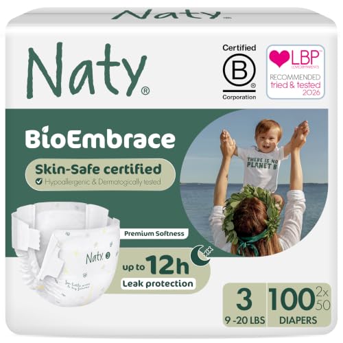 Image of Naty BioEmbrace Baby Diapers, Size 3 (9-20 lbs), 100 Count | Hypoallergenic for Sensitive Skin, Up to 12 Hour Leak Protection, Absorbent, Plant-based softness, Premium comfort