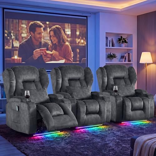 Image of Oprisen Wall Hugger Power Recliner Chair Set of 3, Overstuffed Home Theater Seating w /Heat Massage Electric Movie Gaming Sofa Reclining Sleeper Chair with LED Light /Lumbar Pillow /Cup Holders
