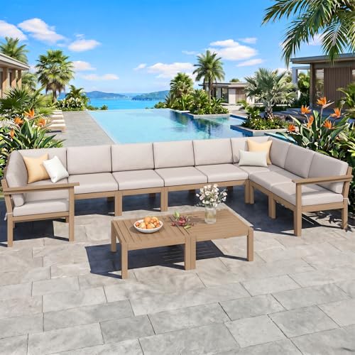 Image of Modular Outdoor Patio Conversation Set, 11-Piece U-Shaped Sectional Sofa Set with Coffee Tables & Thick Cushions, Easy Side Interlock, HIPS All-Weather Patio Furniture Set for Backyard, Deck, Poolside