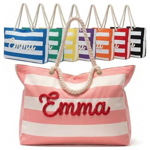 Personalized Beach Bag With Name Custom Pool Bag for Women Waterproof Striped Canvas Tote with Zipper Large Summer Vacation Tote Bridesmaid Bag Bachelorette Trip Favor Graduation Gifts for Girls
