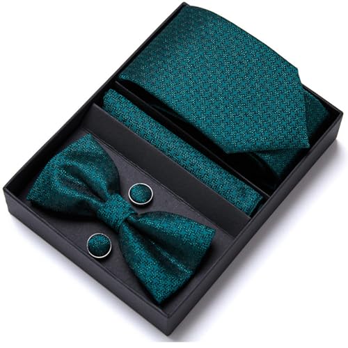 Tissting Juego de Corbatas y Lazos para Hombre, Caja de Regalo de Corbatas de Poliéster con Gemelos, Pañuelo de Bolsillo, Elegante Kit de Pajarita para Boda, Fiesta Formal(Verde)