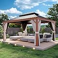 COOS BAY 12x16 Hardtop Gazebo with Wood Grain Aluminum Frame, Galvanized Steel Double Roof Outdoor Pavilion with Netting and Curtains, Wood Grain/Black