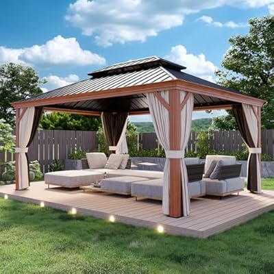 COOS BAY 12x16 Hardtop Gazebo with Wood Grain Aluminum Frame, Galvanized Steel Double Roof Outdoor Pavilion with Netting and Curtains, Wood Grain/Black